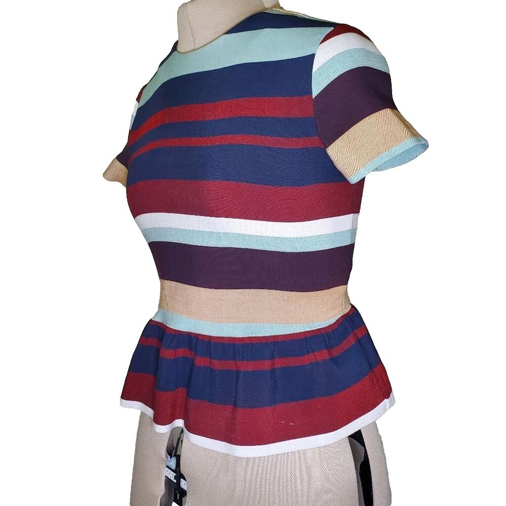 ZARA Women’s Top Size XS Blue Burgundy Striped Fitted Short Sleeve Shirt